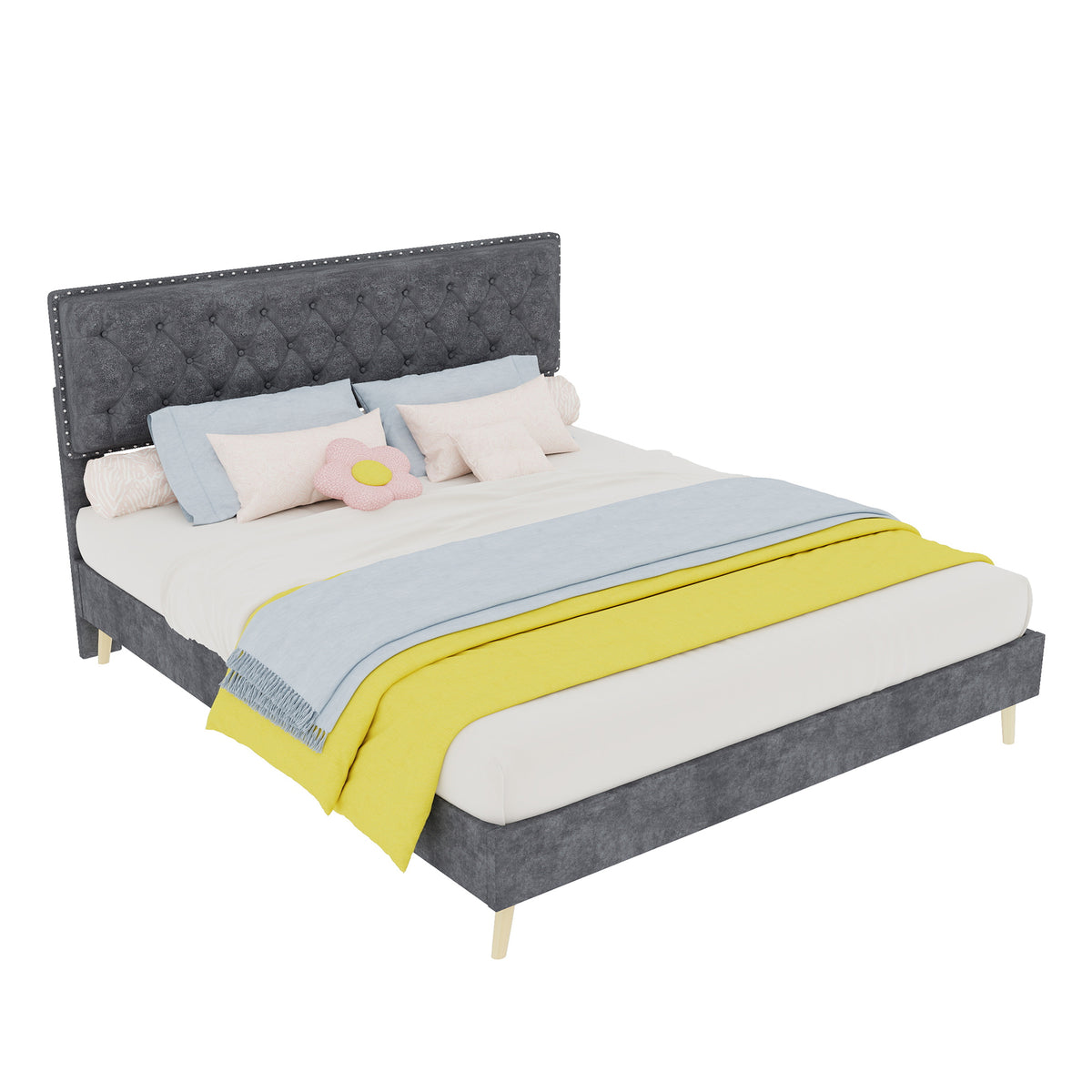 Modern Minimalist Soft Bed with 160x200cm Mattress, Gray