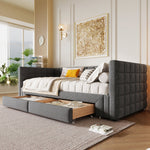 Daybed with Square Backrest and 2 Storage Drawers, Extendable to 180cm, Grey Velvet
