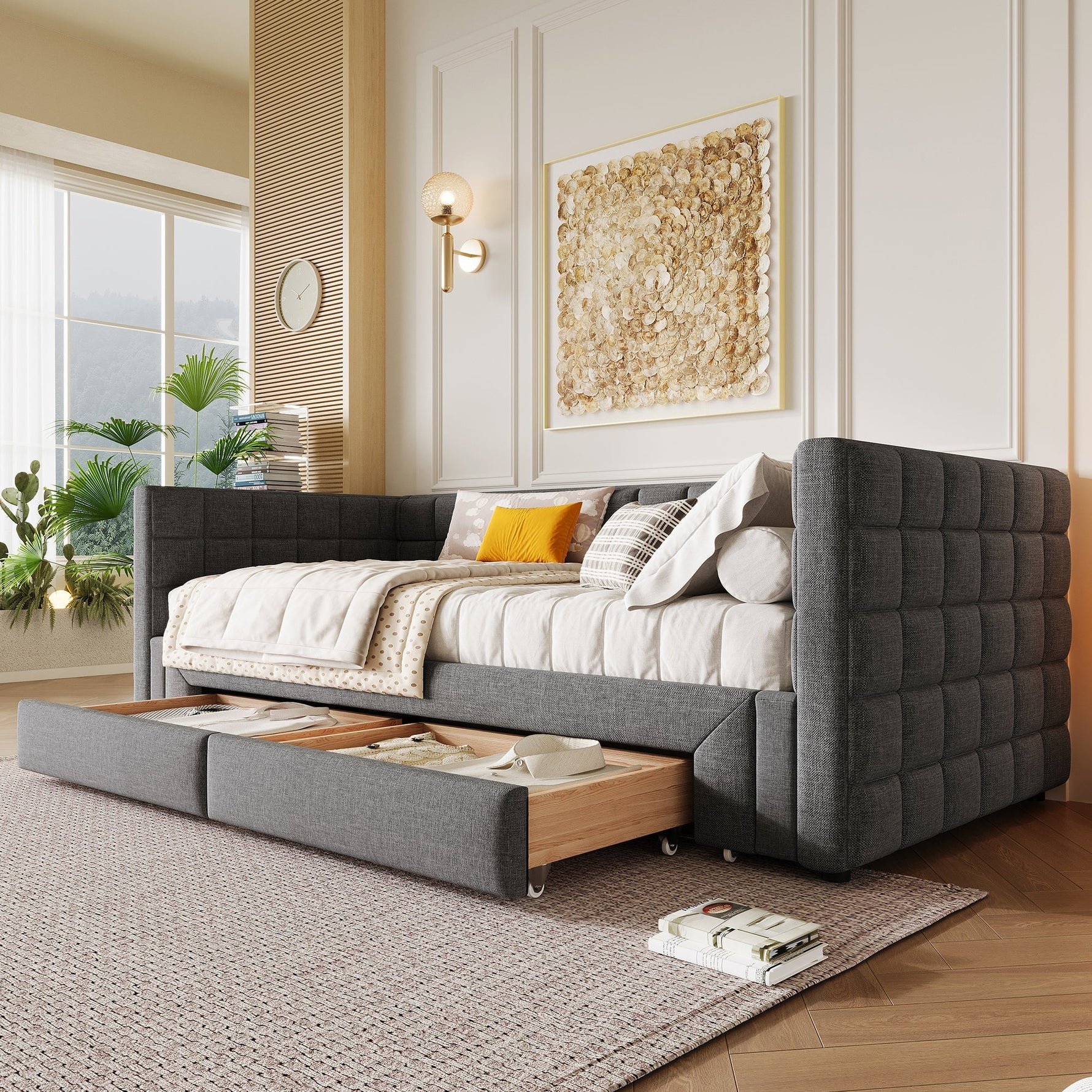 Daybed with Square Backrest and 2 Storage Drawers, Extendable to 180cm, Grey Velvet
