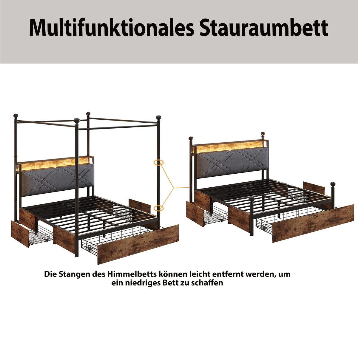 Multifunctional Double Bed 140x190 Storage Canopy LED USB Drawers, Black