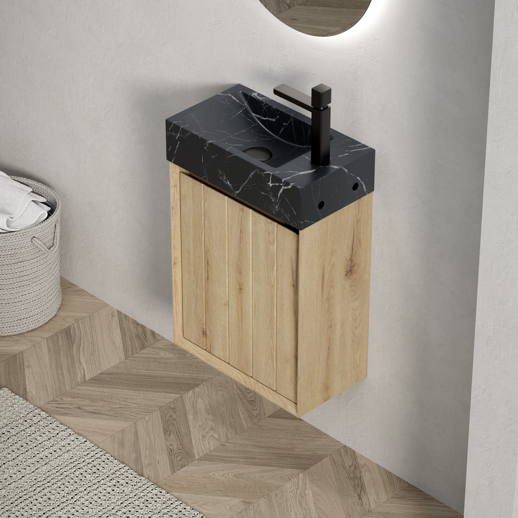 Wall-Mounted Bathroom Vanity Unit with Undermount Sink and Striped Cabinet, White Oak Wood Grain