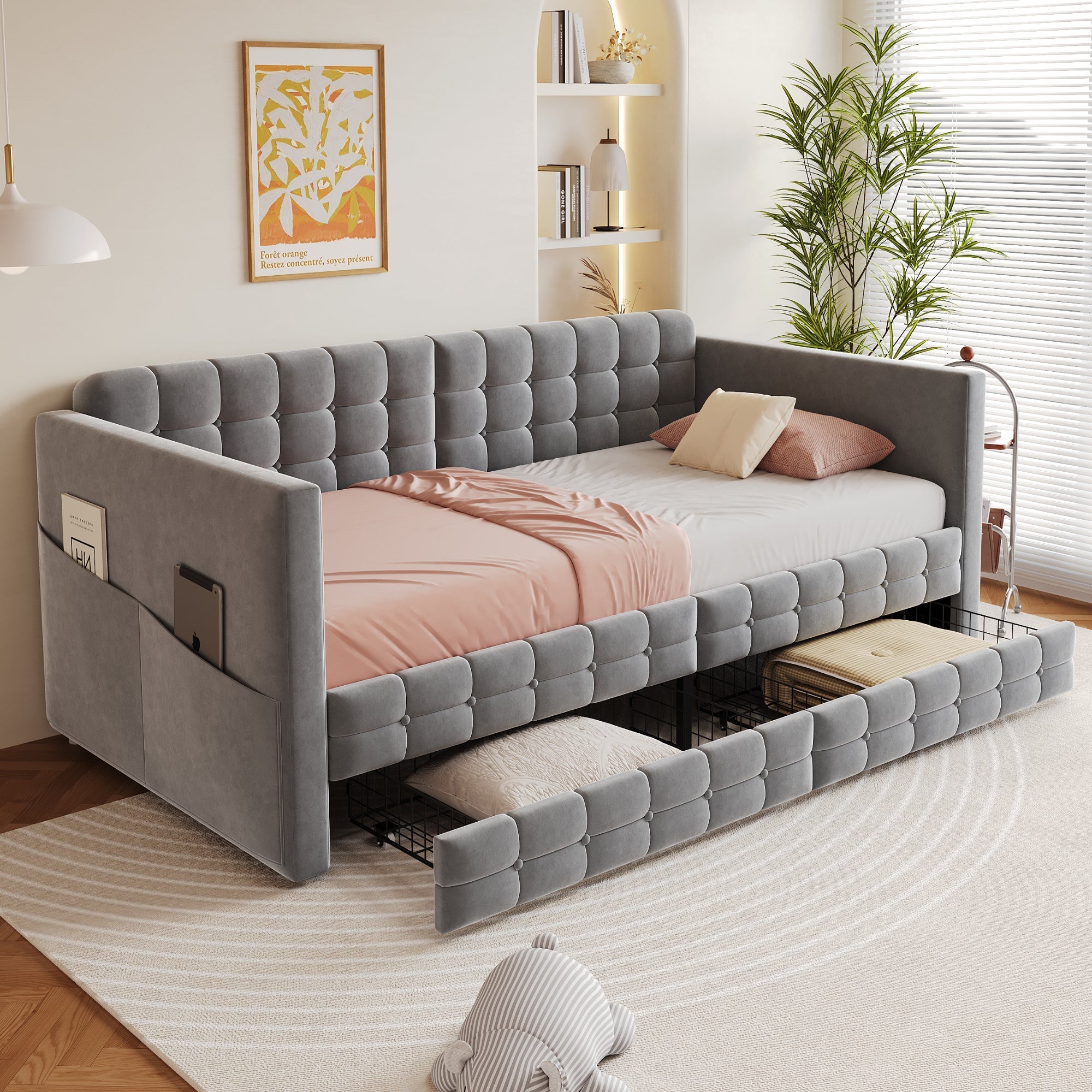 Upholstered Sofa Bed 90x190 with Side Storage and Drawers, Grey Velvet