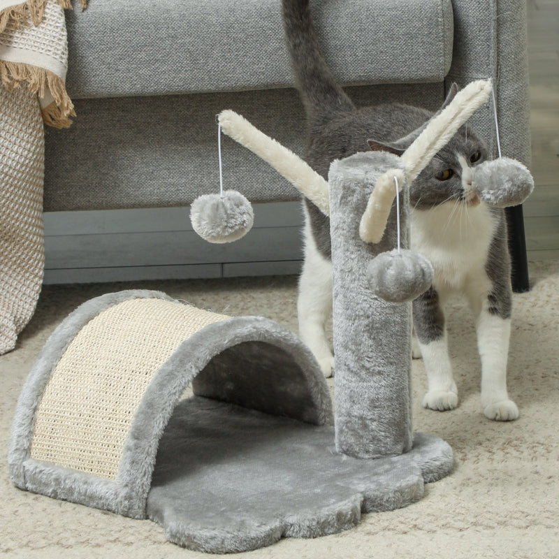 Cat Tree, Small Tower with Cave, 2 Play Balls, Scratching Mat, Light Grey