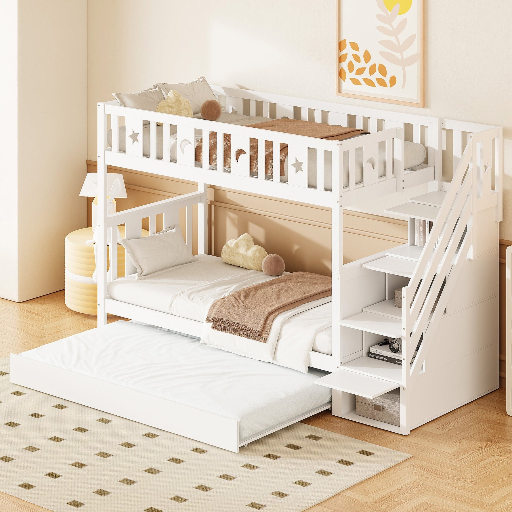 Bunk Bed for Kids with Pull-Out Bed and Storage Stairs, White