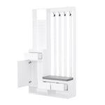 Hallway coat rack with padded storage bench and pegboard, with 4 hooks, white