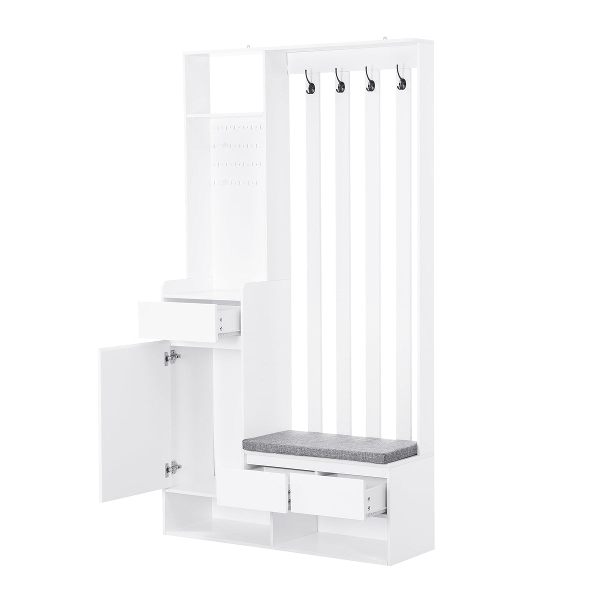 Hallway coat rack with padded storage bench and pegboard, with 4 hooks, white
