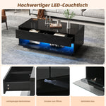 Coffee Table with 2 Drawers, Bluetooth LED Light Bar, Tempered Glass, Black