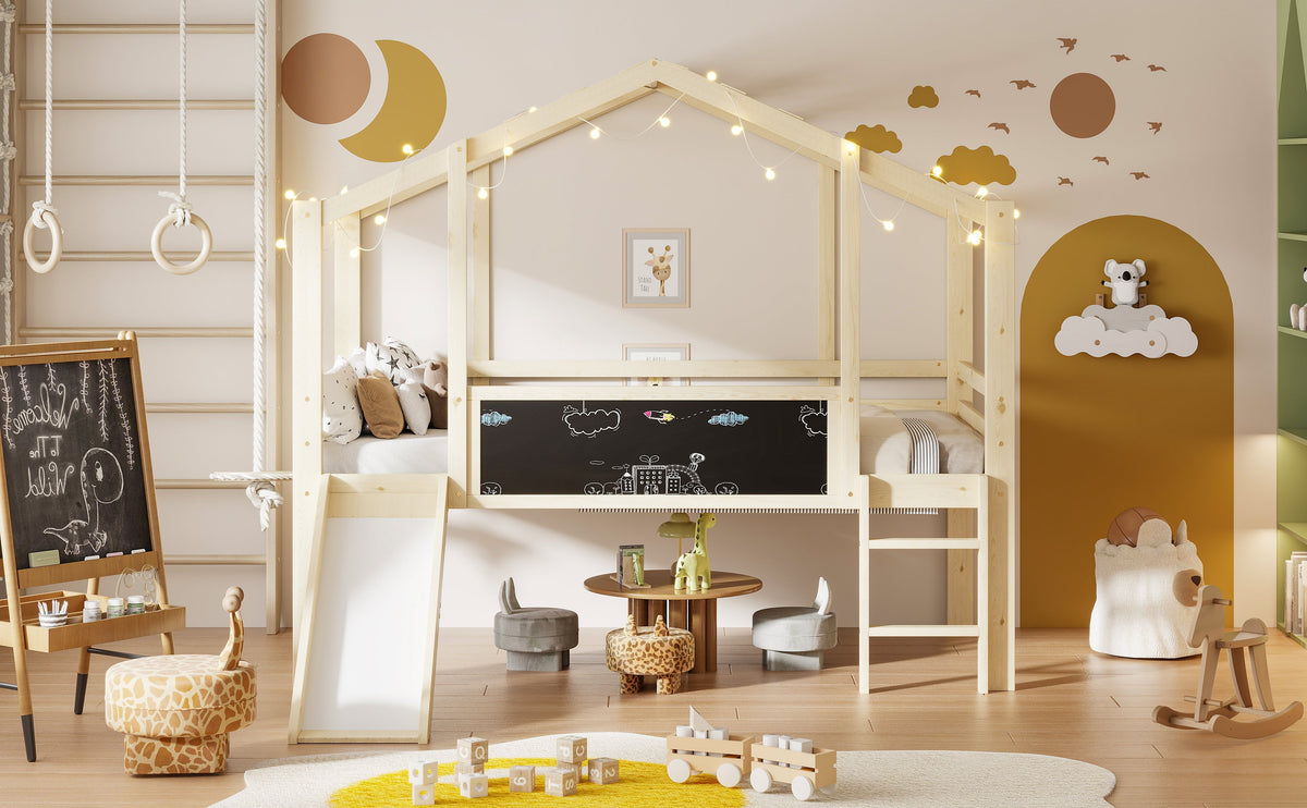 Children's Bed 90x200cm Attic Design Slide Graffiti Board Solid Wood/Wood Color