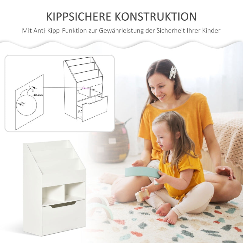 Children's Bookshelf with Drawer, 3 Shelves 2 Compartments, White