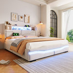 Upholstered Bed 160x200cm Hydraulic Storage Headboard with USB-C & LED Lights Beige