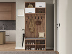 Wardrobe Set Hallway Bench 5 Hooks 2 Doors 6 Storage 80x185x35cm, Natural Wood/White