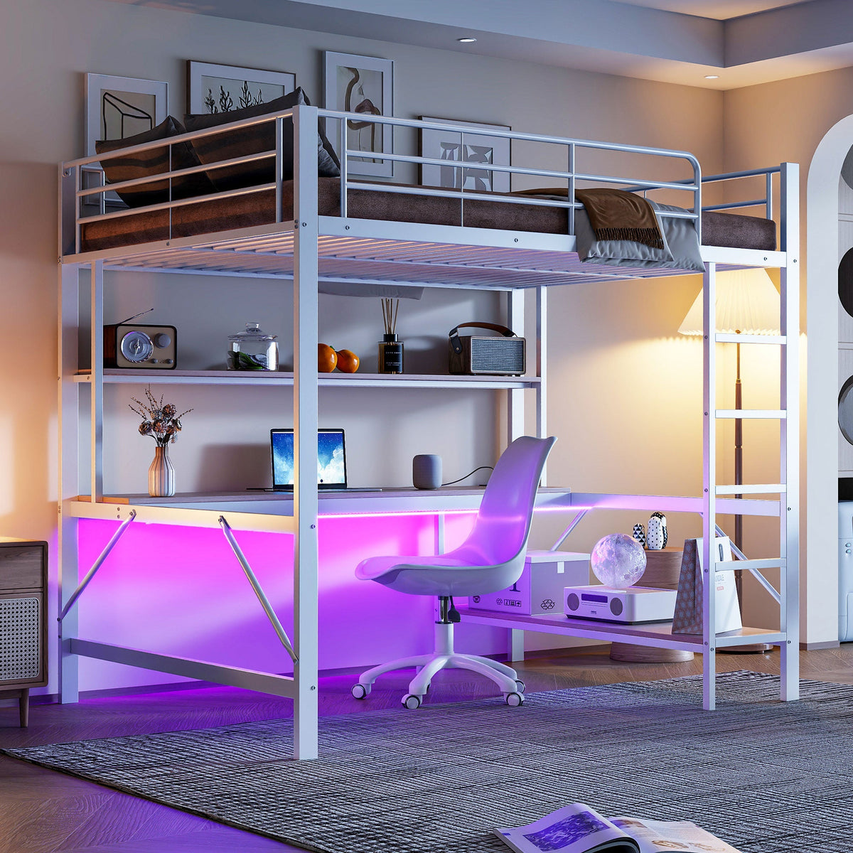 Loft Bed 140x200cm Desk Shelf LED USB/Power Outlet - White Metal