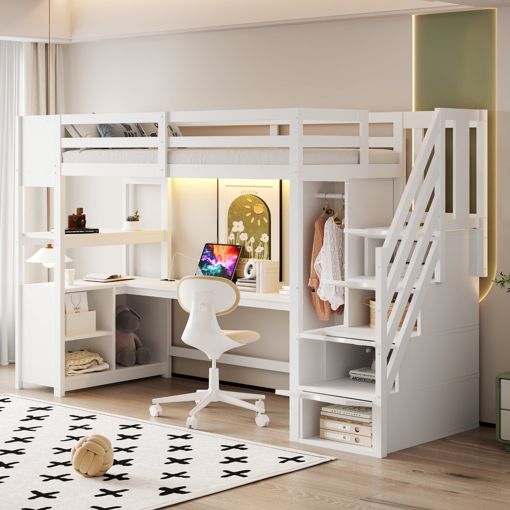 Wooden Loft Bed with Wardrobe, Desk, Storage Stairs, LED and Sockets, 90x200cm, White Pine + MDF