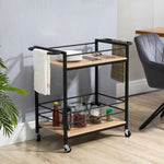 Serving Trolley, 2 Levels with Handle, Casters, Brakes, Wood
