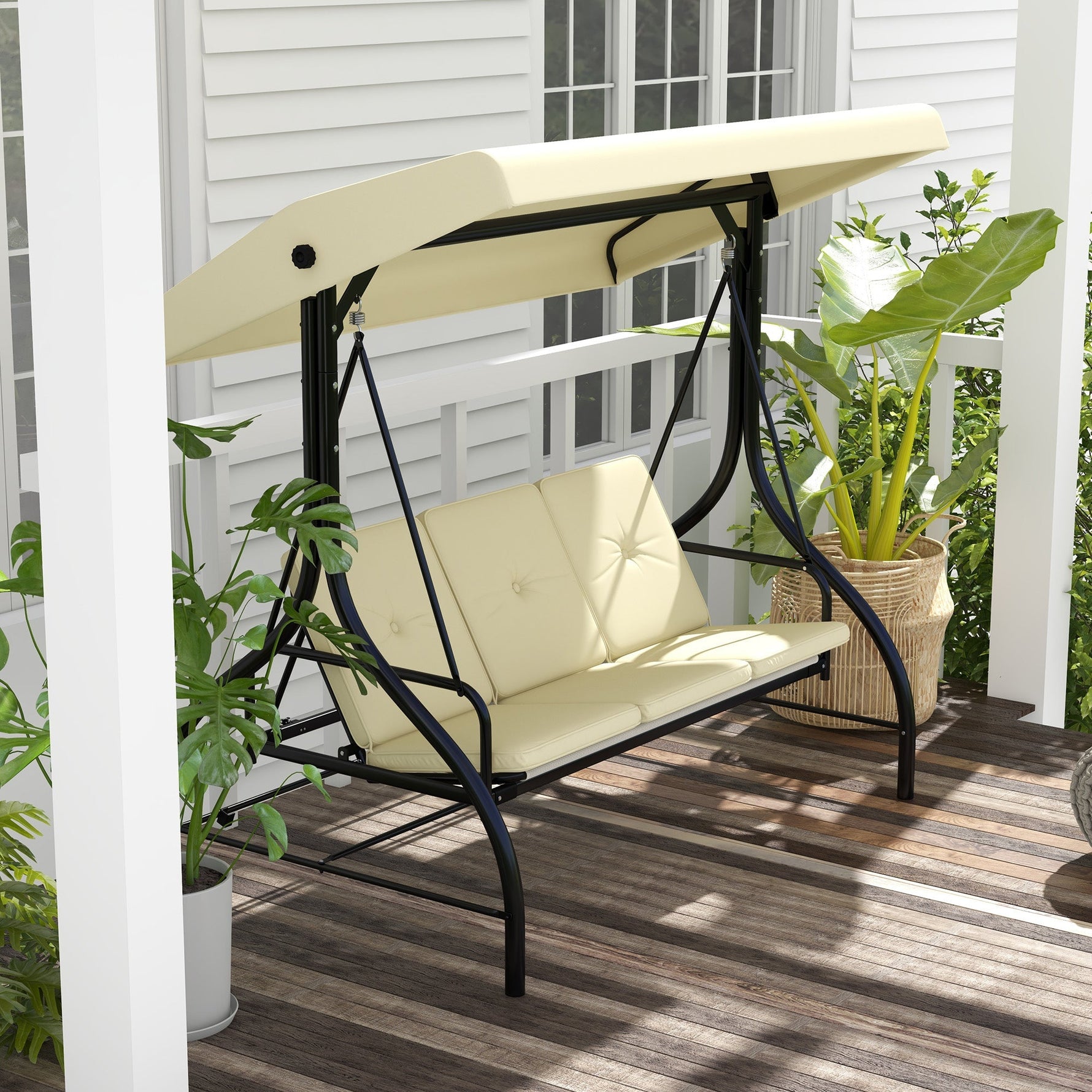 Outsuuny Porch Swing, 2-in-1 Reclining 3-Seater with Adjustable Sunroof, 240 kg, Beige