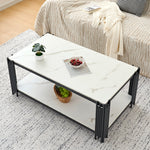 Rectangular Coffee Table Modern Marble-Effect Top Metal Legs White and Black