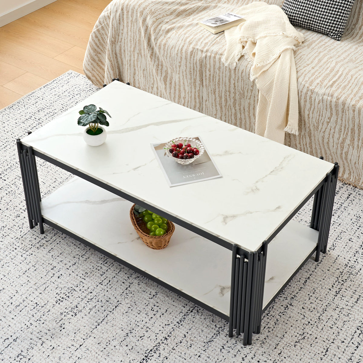 Rectangular Coffee Table Modern Marble-Effect Top Metal Legs White and Black