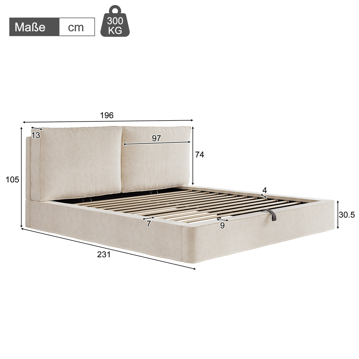Upholstered Double Bed 180x200cm, Hydraulic Frame, Beige Corduroy