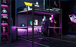 Gaming Metal Loft Bed Frame with LED Lighting, USB Station and Desk, 160x200, Black