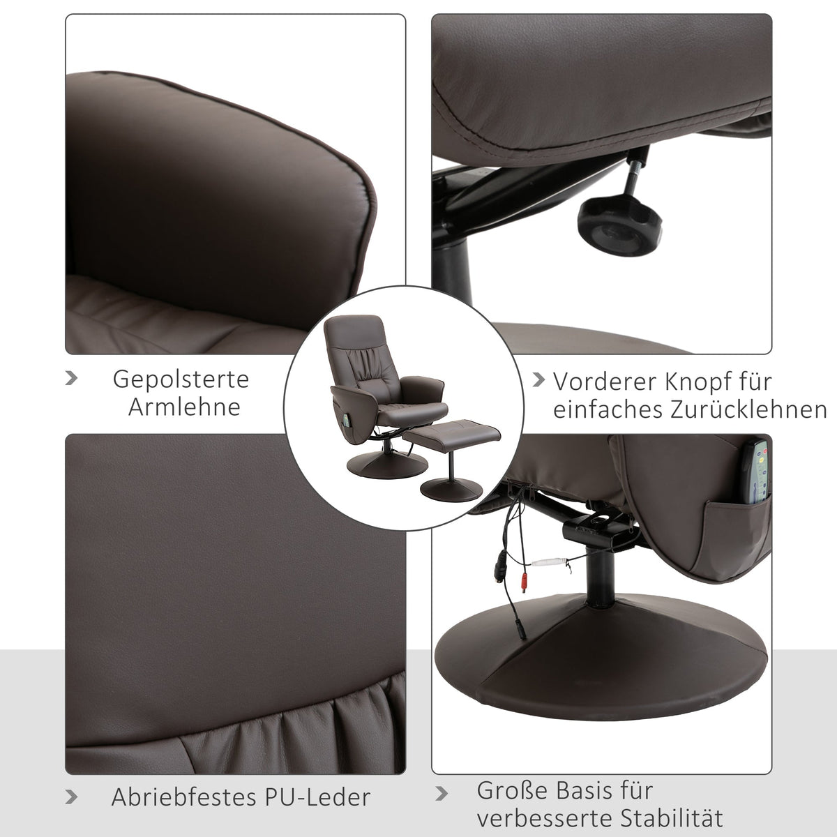 TV Armchair 2-piece Reclining 360° Swivel 10 Massage Points, Faux Leather Brown