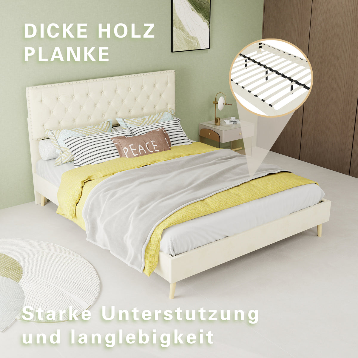 Modern Minimalist Soft Bed with Mattress 140x200cm, Beige