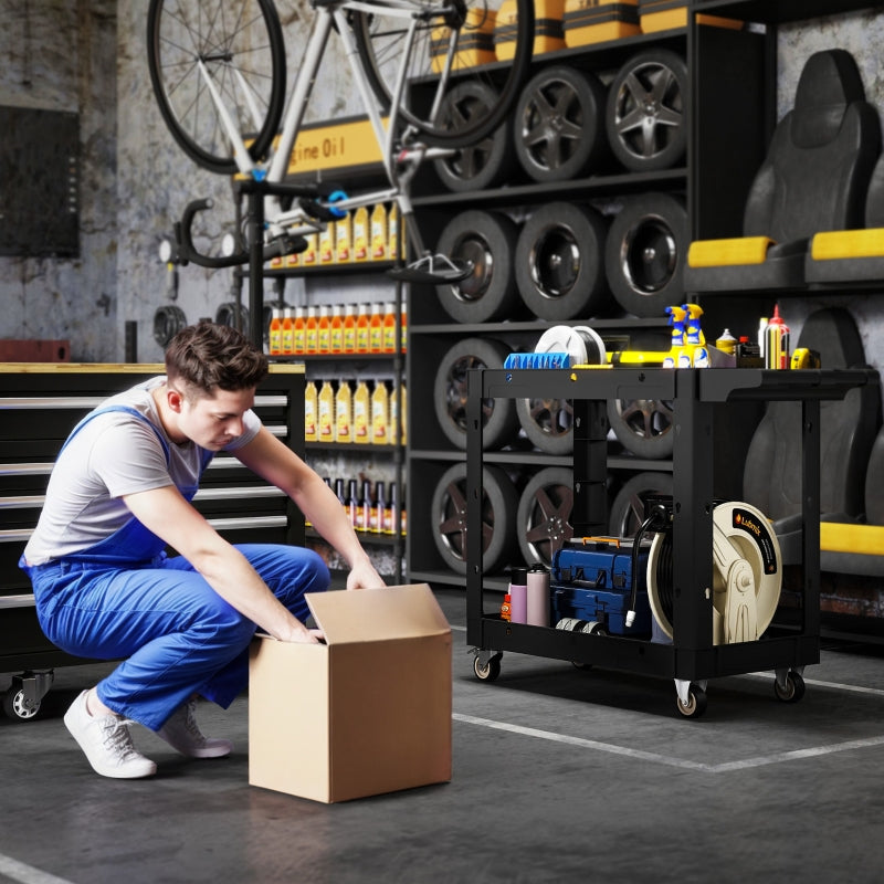 Workshop trolley, 2 levels, side handle, hook holes, 227 kg load capacity, black