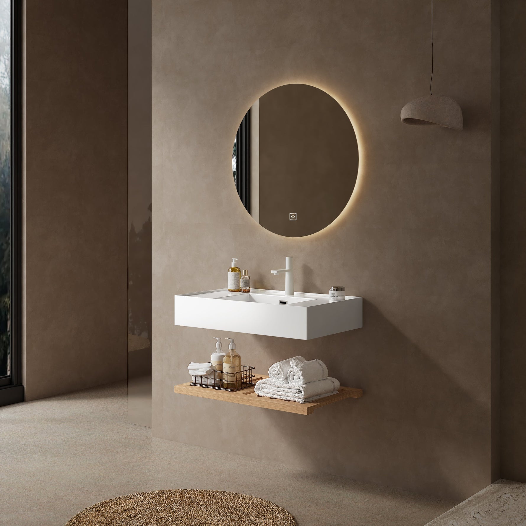 Bathroom Vanity Unit with Wall-Hung Acrylic Basin and Striped Shelf, 75cm, Natural Wood Grain