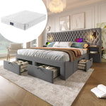 Bedroom Set, Upholstered Double Bed 160×200 cm with 2 Nightstands & 4 Drawers, Headboard Reading Light with USB Charging, Gray Velvet (With Mattress)