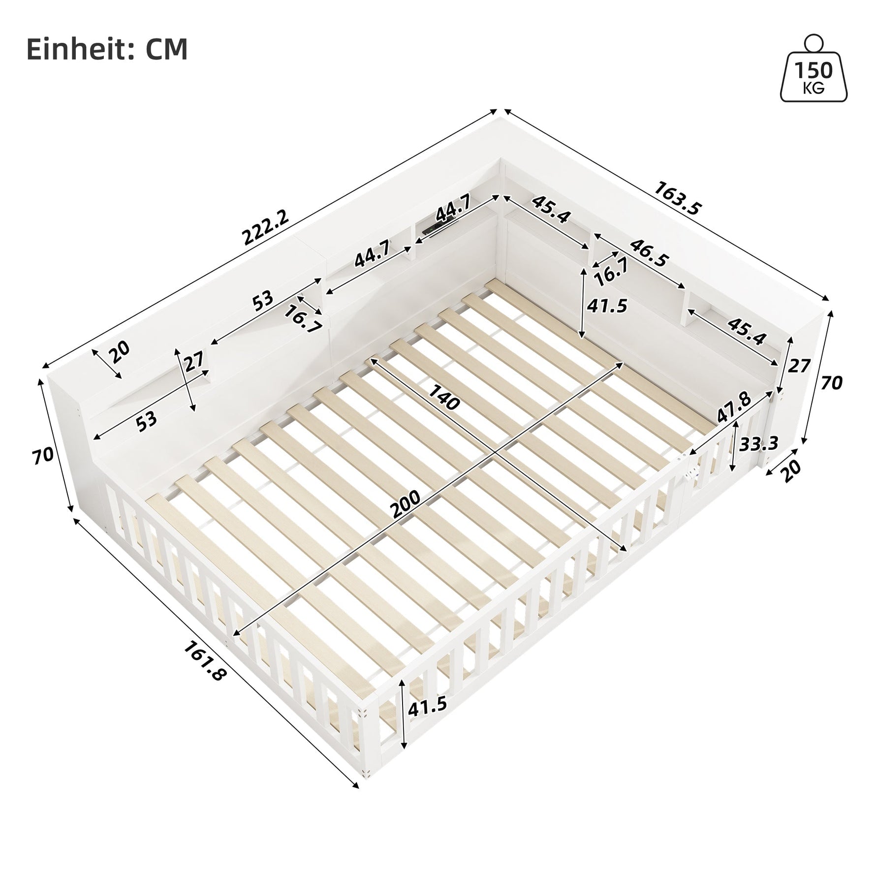 Daybed with Storage and USB Charging Port, 140x200cm, White Chipboard