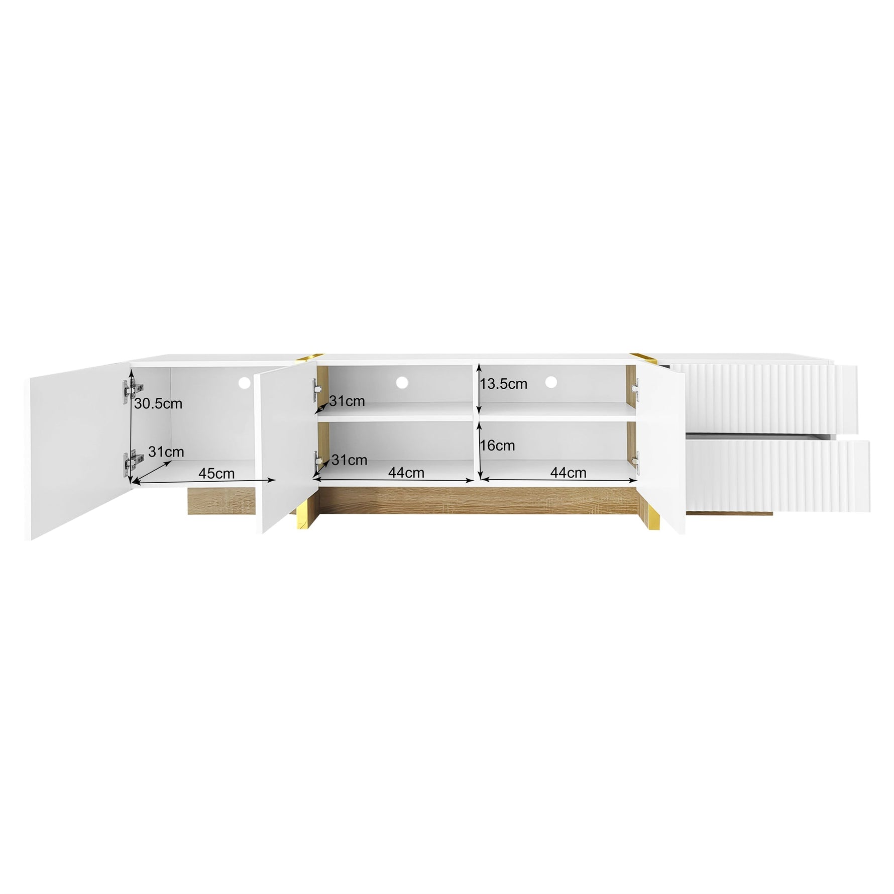 TV Cabinet, 190cm 3 Doors 2 Drawers, White with Gold & Wood Grain