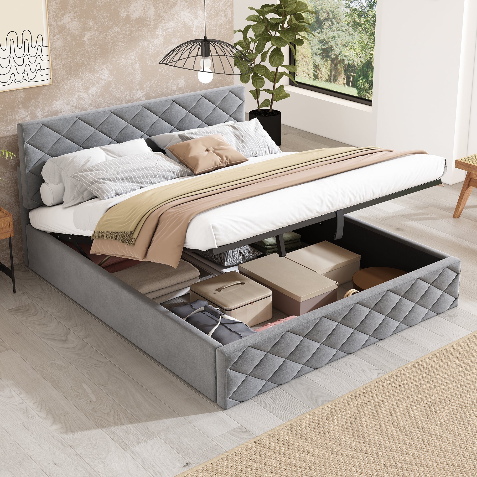 Upholstered Bed with Hydraulic Slatted Frame and Storage, 140x200cm, Grey