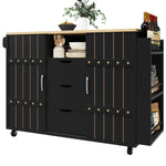 Kitchen Serving Cart Mobile Island with Worktop Sliding Doors Drawers Spice Rack Black