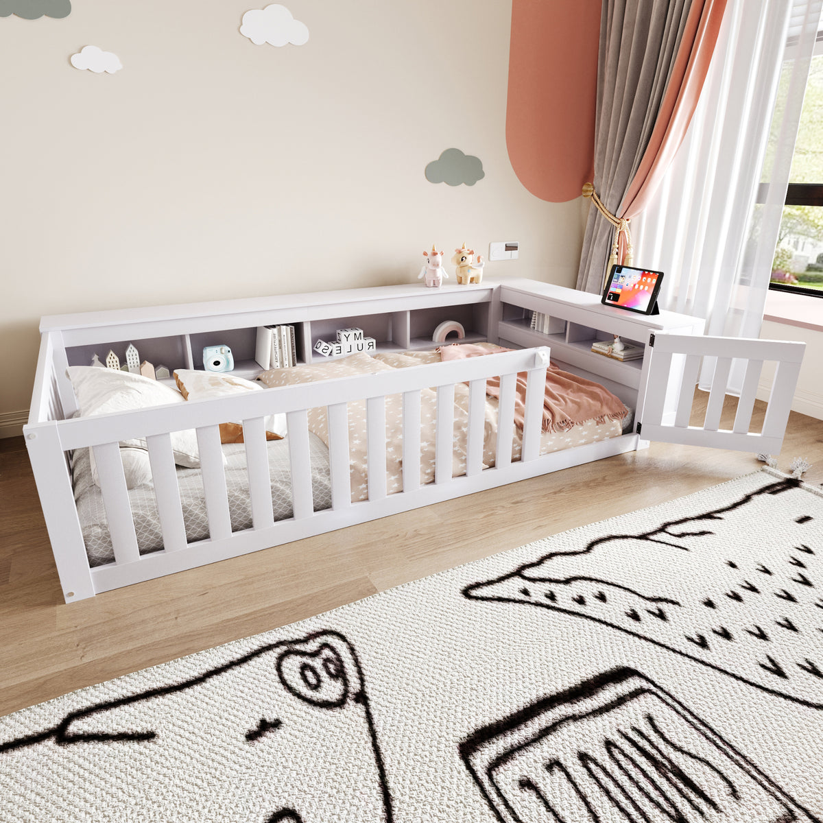 Kids Bed 90x200cm with Storage & Safety Rail, Solid Wood White