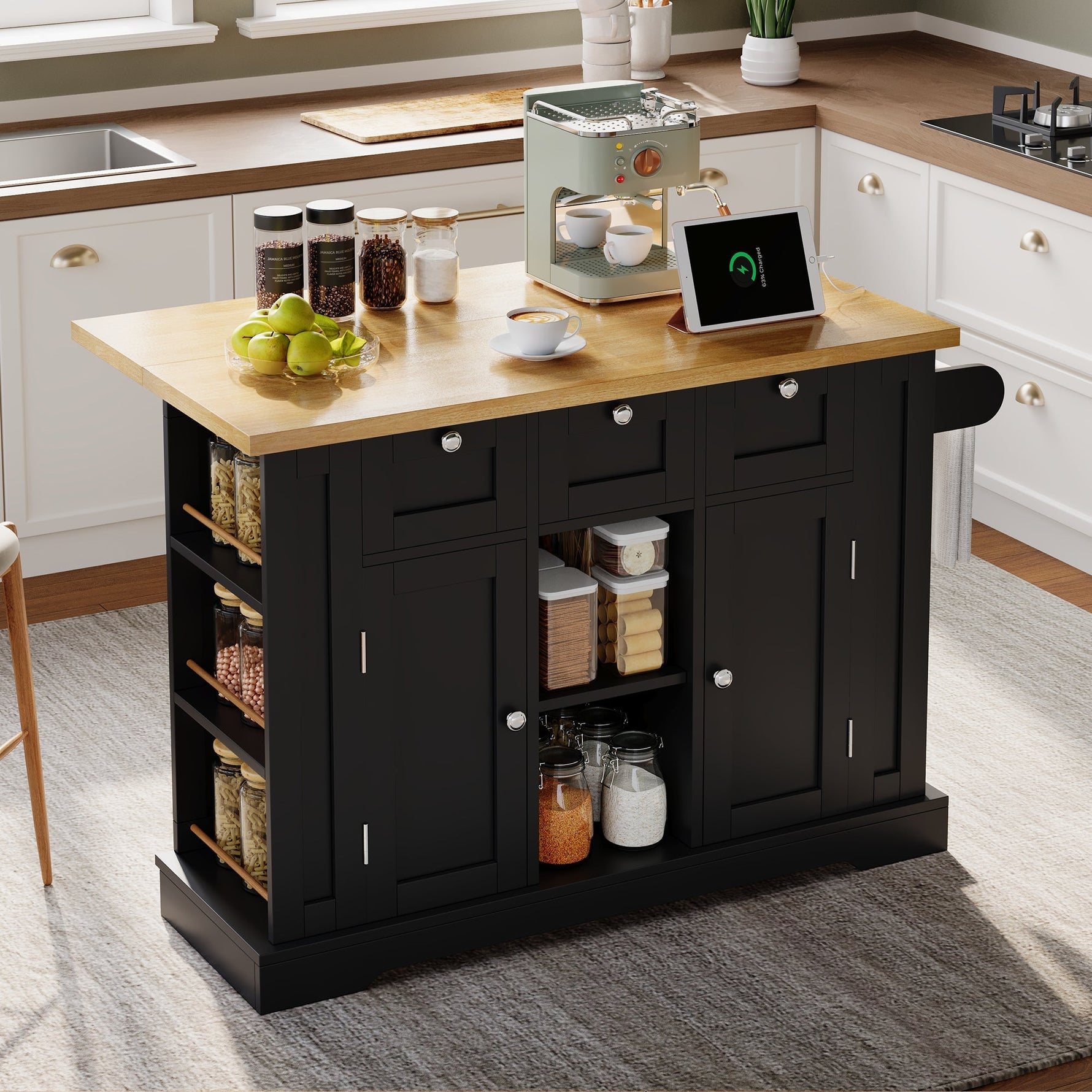 Mobile Kitchen Cart 132cm Folding Worktop Multifunctional Storage Cabinet Integrated Socket Country Style