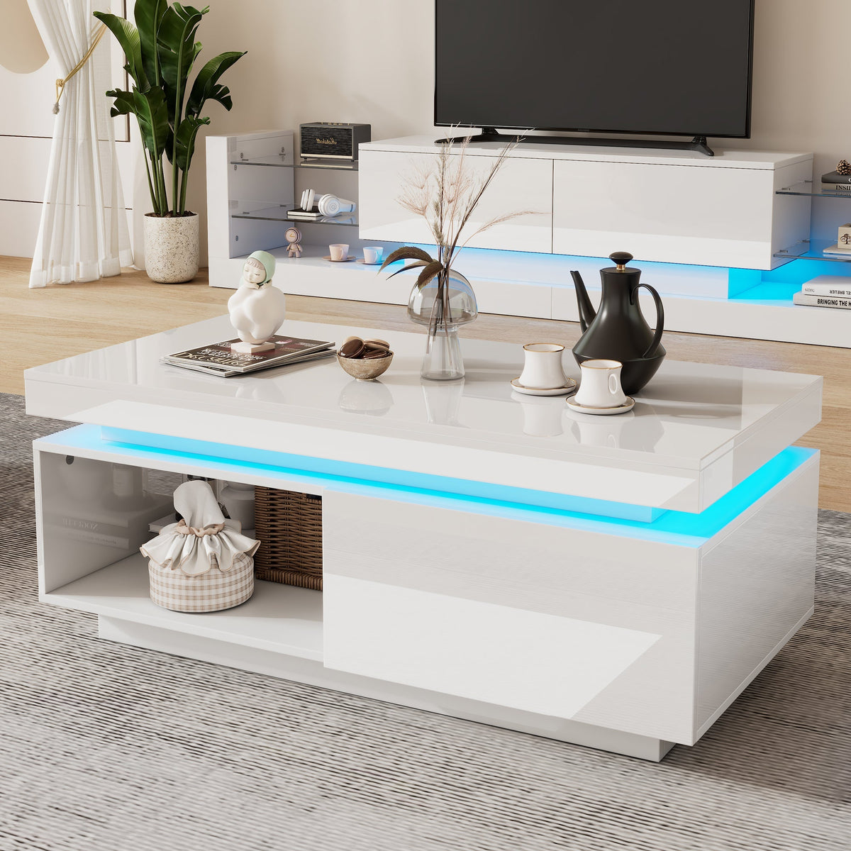 High-gloss TV Cabinet Set + Coffee Table, Living Room Wall Unit, White