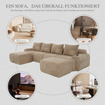 Modular Corduroy Sofa 4-Seater with 2 Ottomans Cup Holders Storage Pocket Khaki