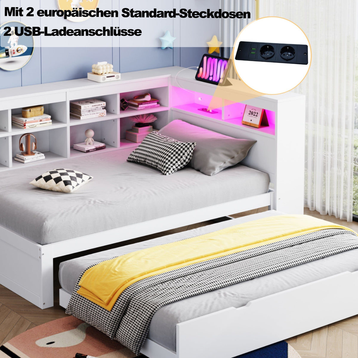 Solid Wood Sofa with Pull-Out Bed, USB & LED, White
