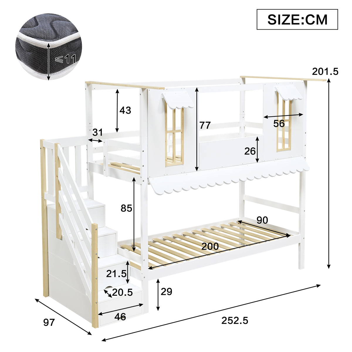 Children's Bunk Bed 90x200cm with Storage Stairs, White & Natural