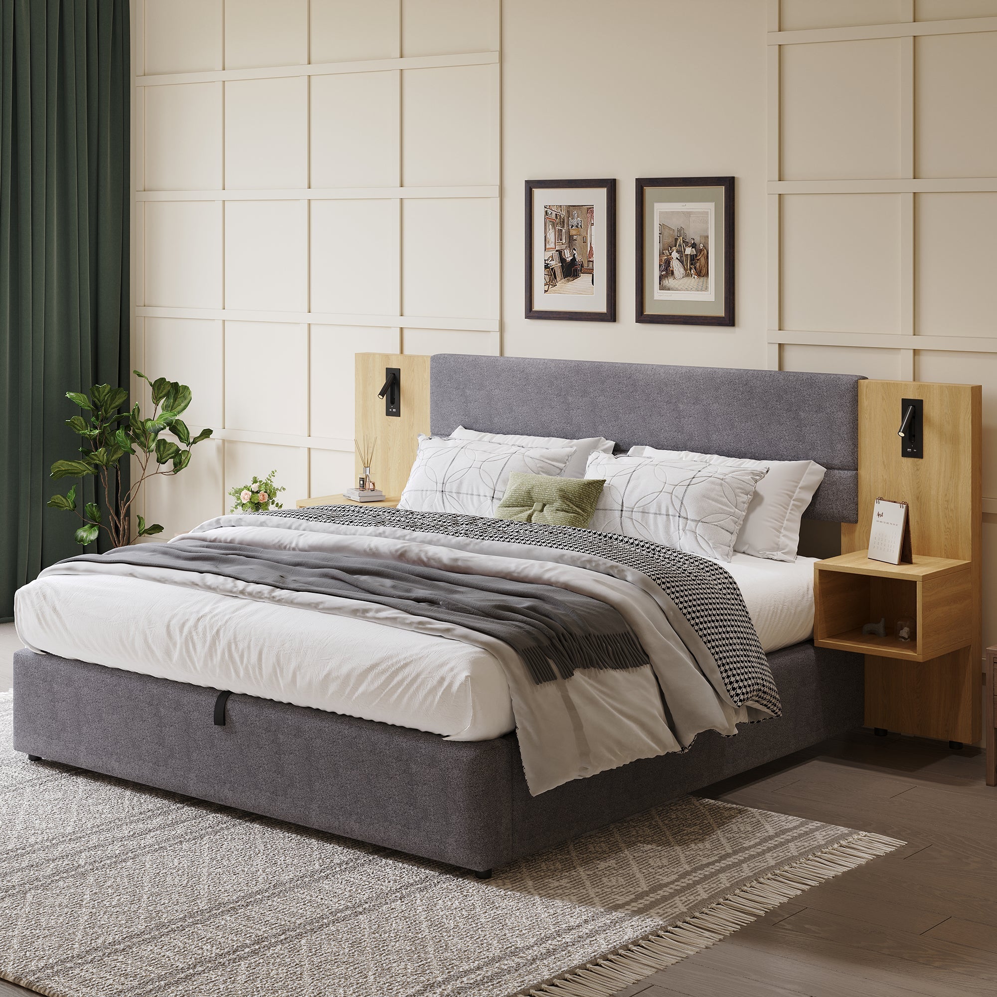 Upholstered Bed with Hydraulic Storage, LED, USB and 2 Bedside Tables, 160x200cm, Grey and Natural Velvet