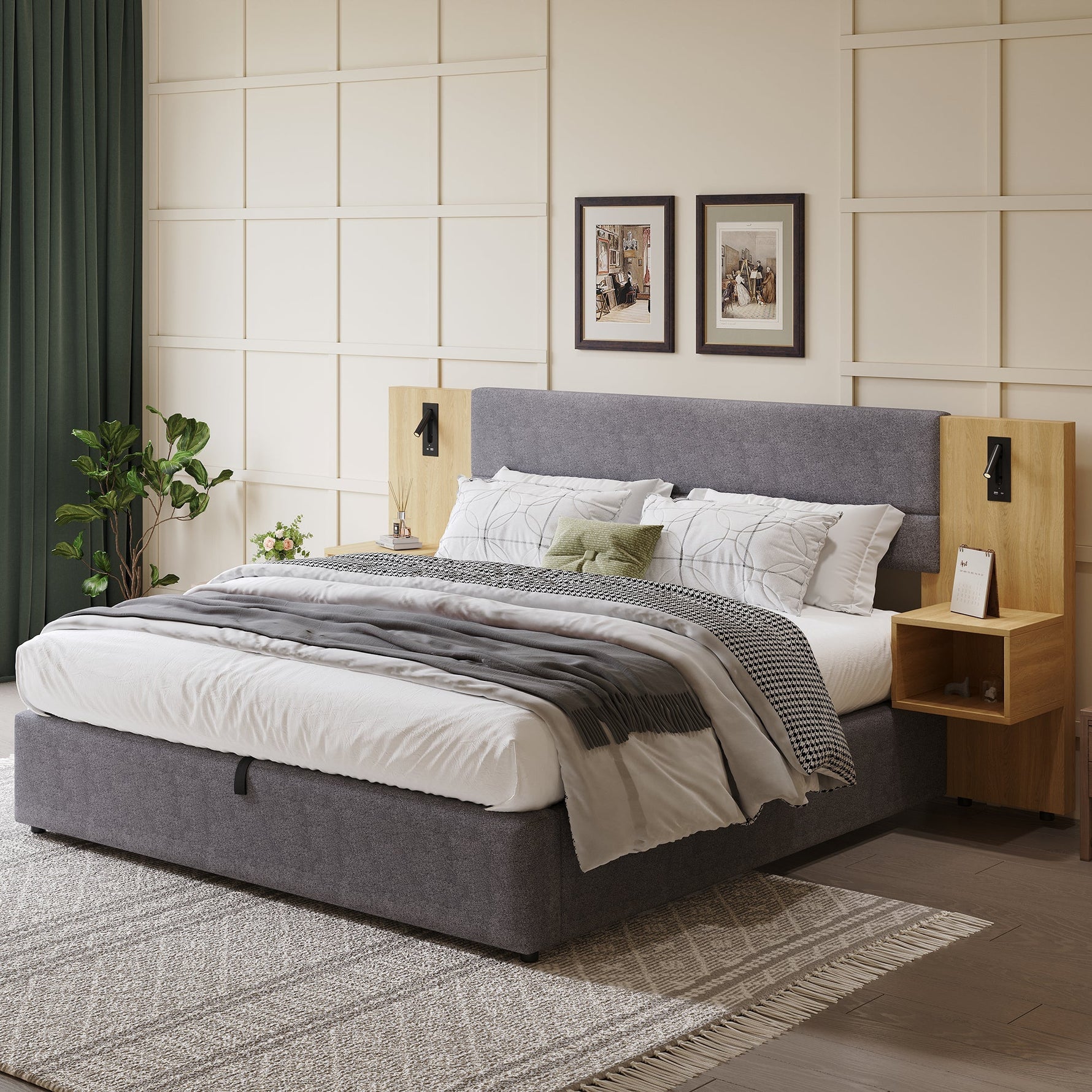 Upholstered Bed with Hydraulic Storage, LED, USB and 2 Bedside Tables, 160x200cm, Grey and Natural Velvet