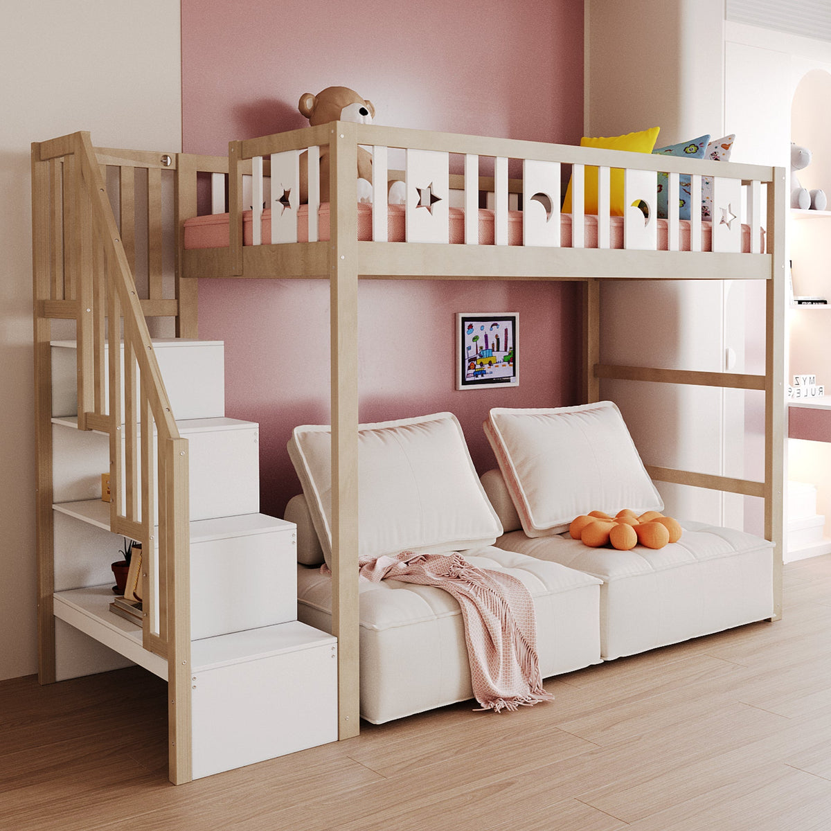 Children's Loft Bed 90*200, Storage Climbing Ladder & Safety Rails, Solid Wood