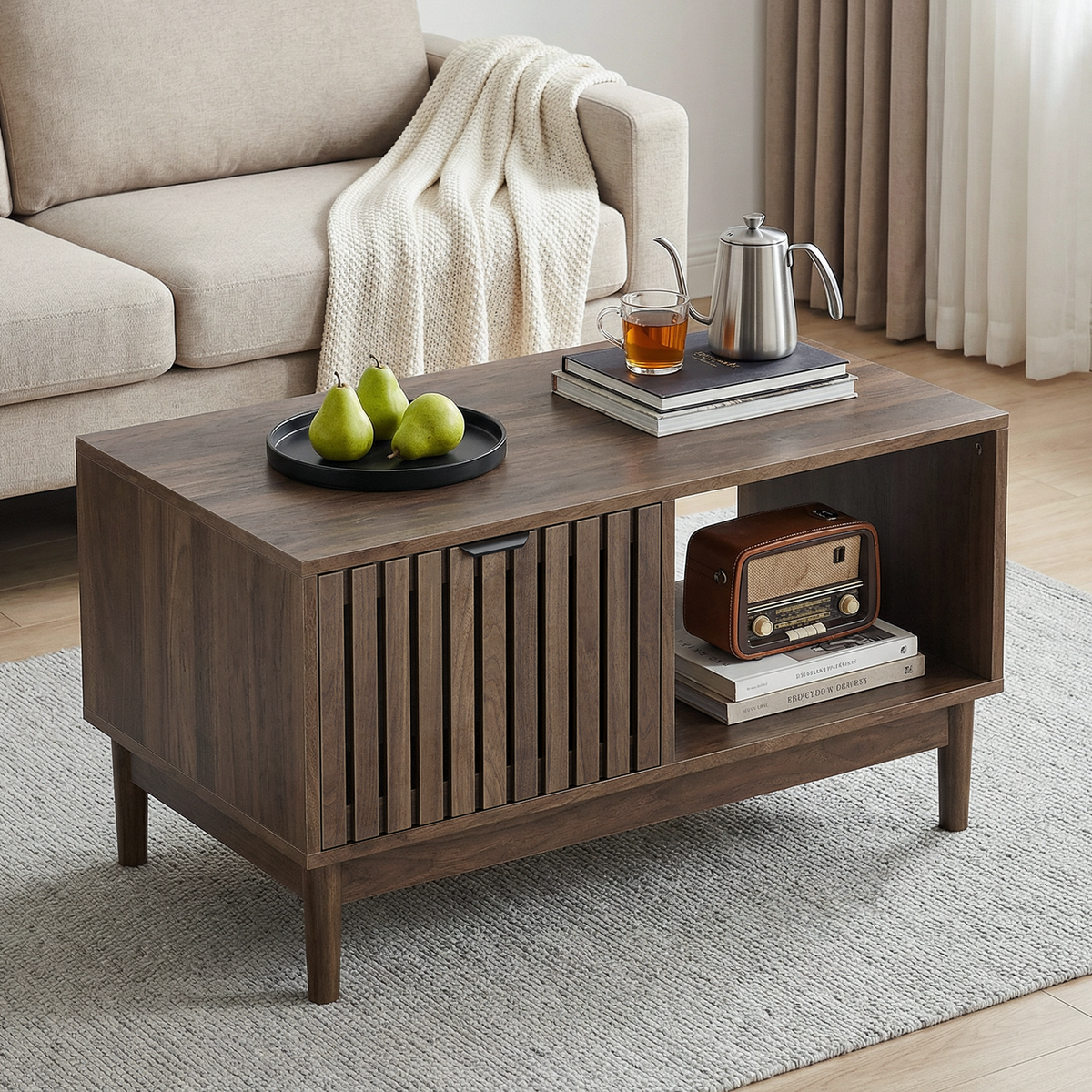 80 cm Coffee Table, Mid-Century Modern with Drawer and Open Shelves, Walnut Color