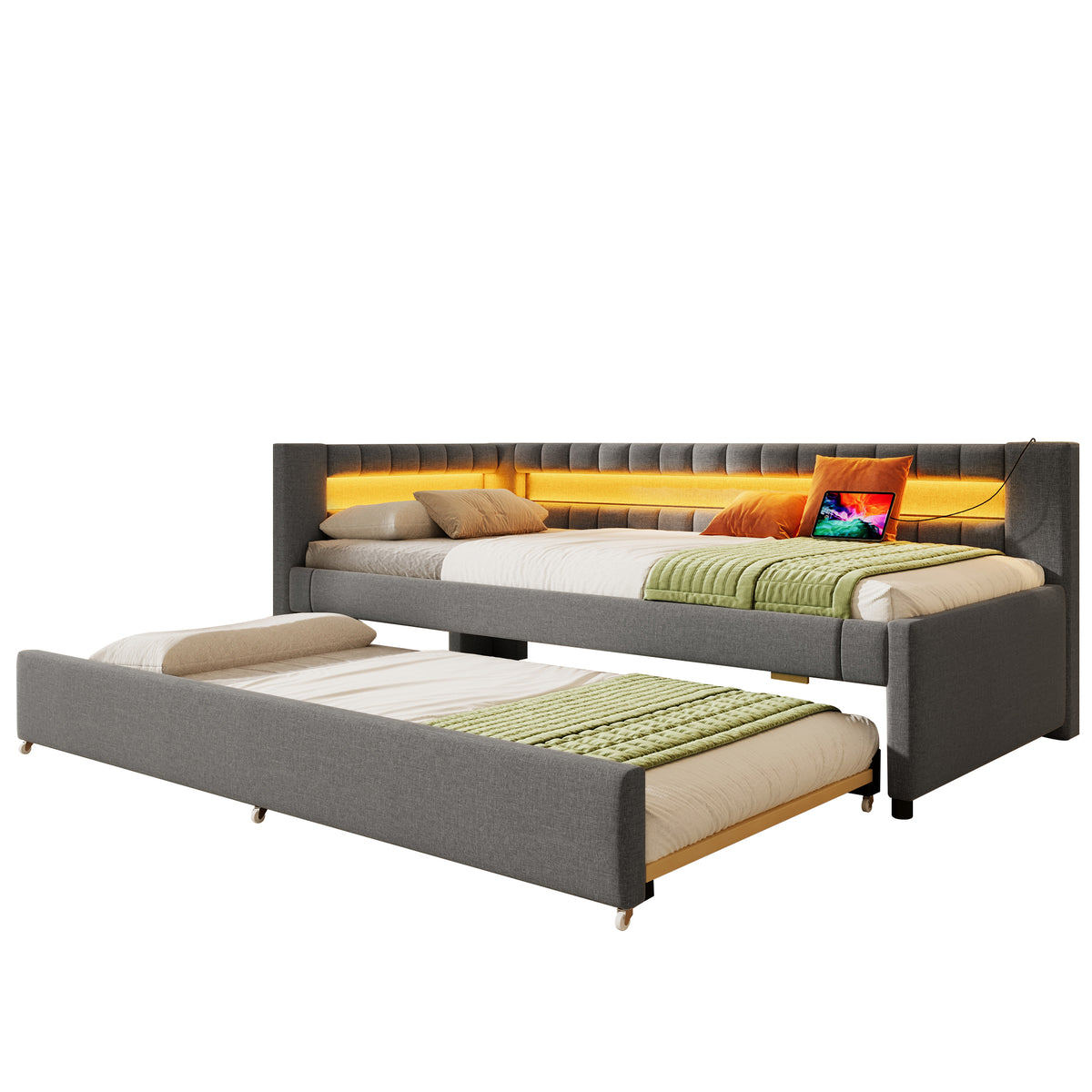 Daybed Sofa Bed 90x200cm with Trundle & LED, Grey Linen