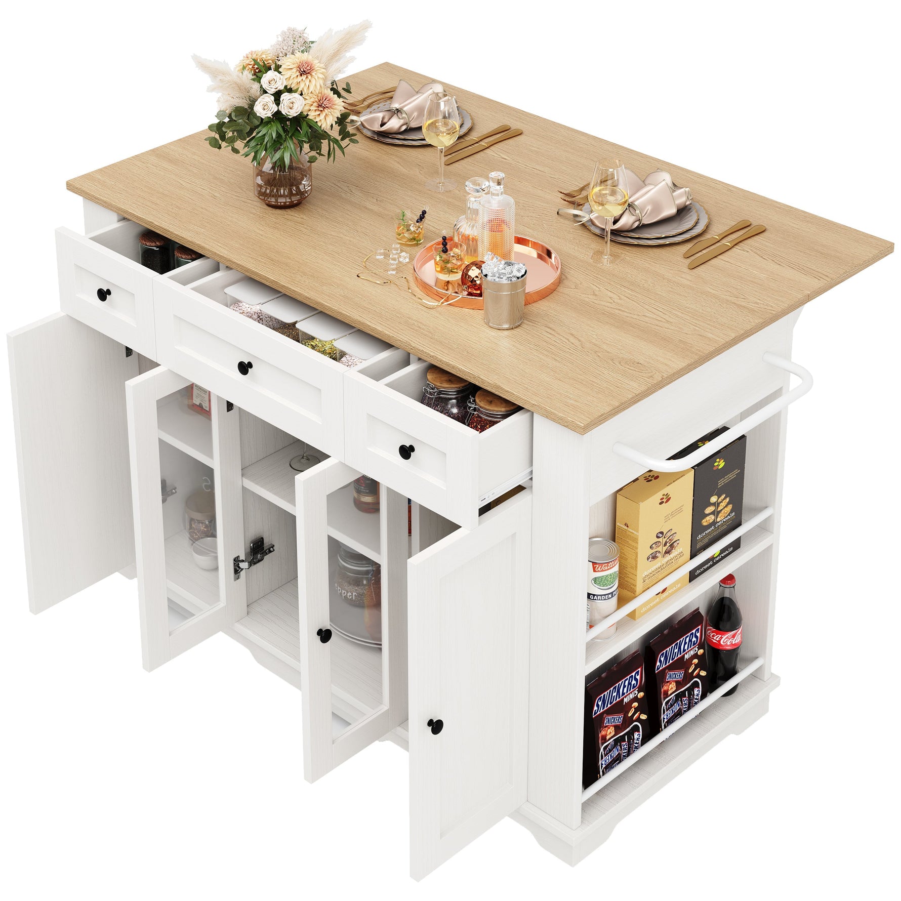 Kitchen Island Cabinet Tempered Glass Worktop Storage - White
