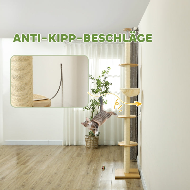 Cat Tree, Ceiling-High Sisal Rope Posts, Engineered Wood, Oak+Cream White
