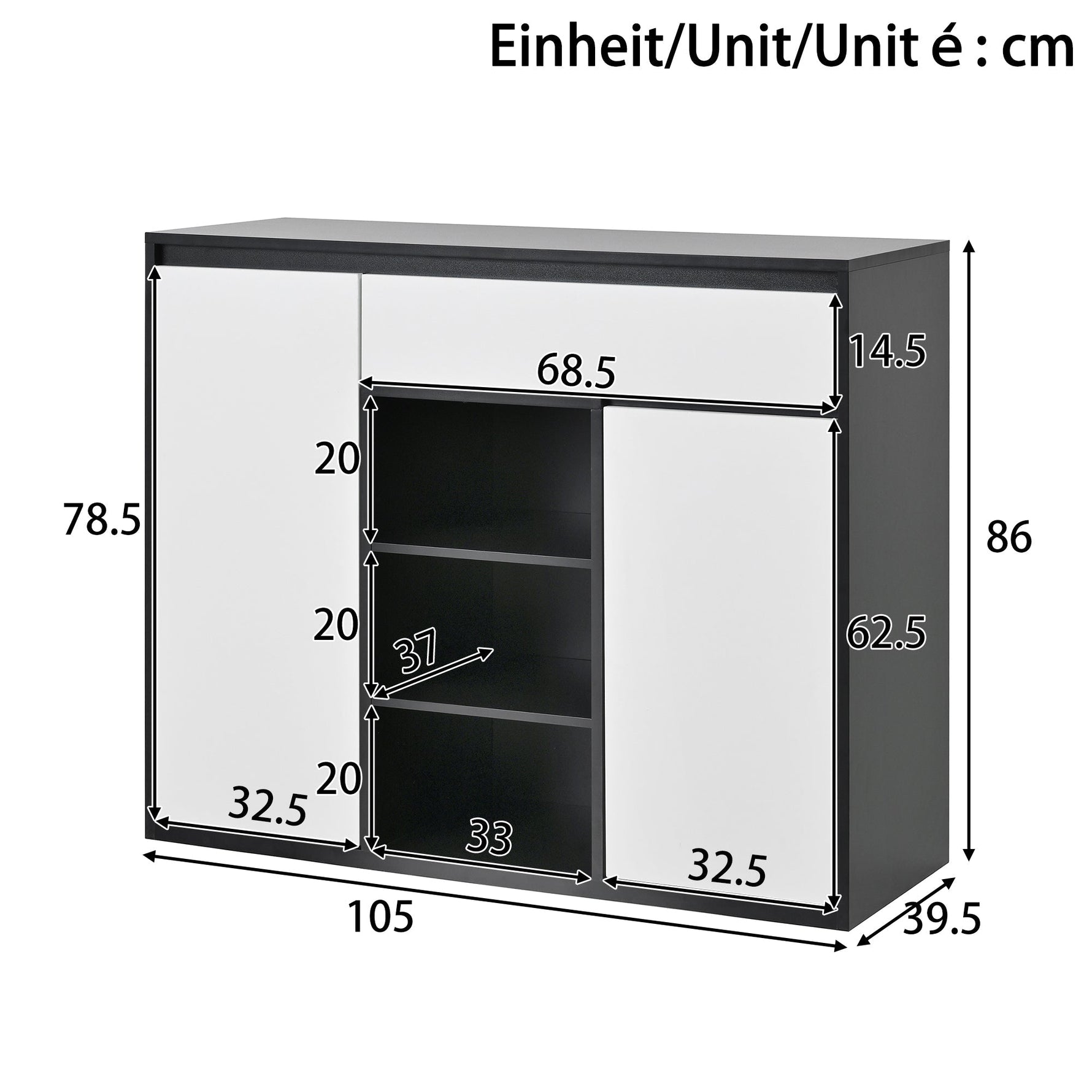 Shoe Cabinet, 2 Doors 1 Drawer Adjustable Rack, Black/White Modern Design