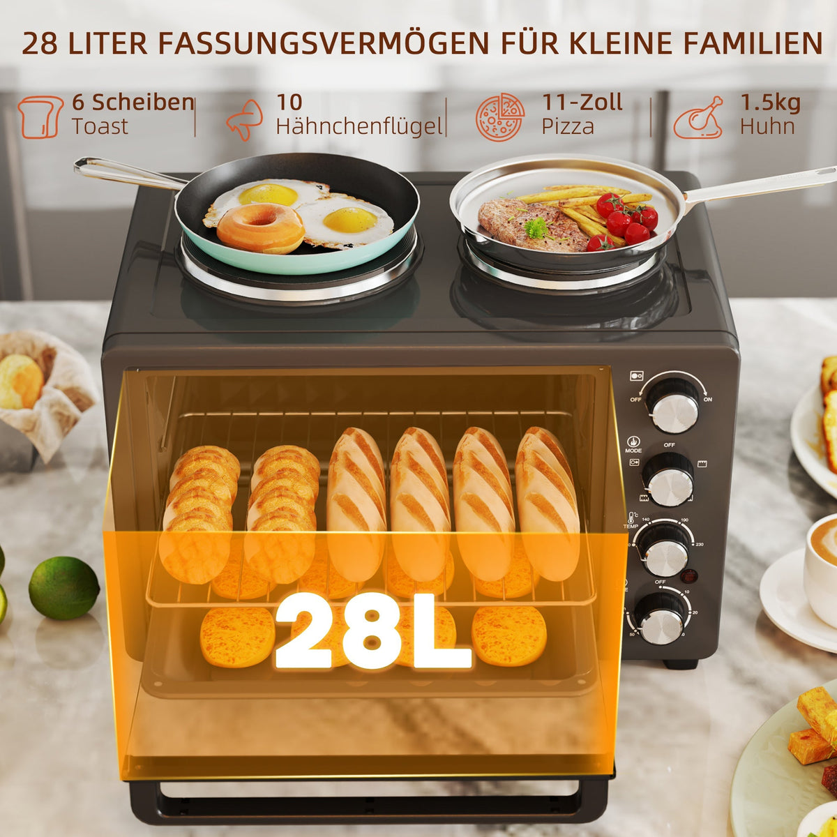 Mini Oven 28L 2600W with 2 Warming Plates, Black