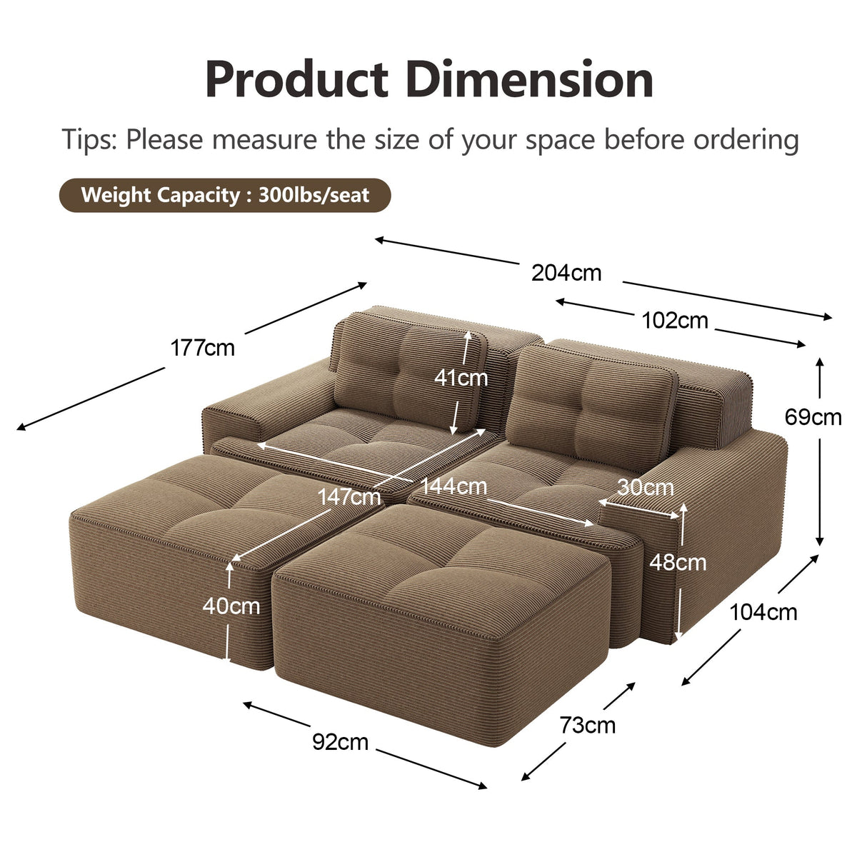 Cloud Modular Sofa U-Shaped Ottoman 2-Seater Deep Seat - Corduroy Brown