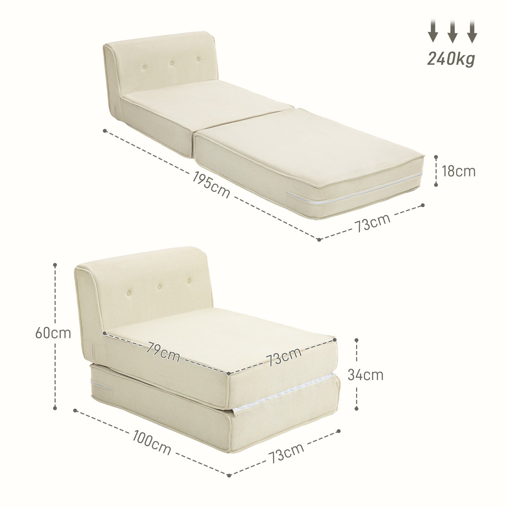 Sofa Bed 2-in-1 Foldable Upholstered 240 kg, Corduroy Cream White