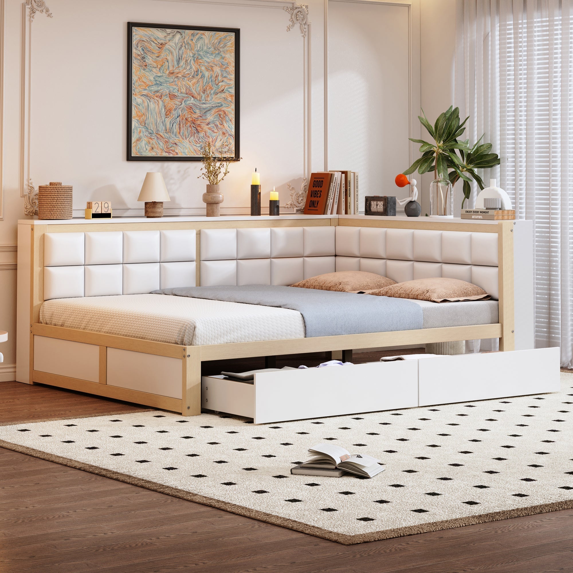 Sofa Wooden Bed, 140x200 Multifunctional with Storage Drawer, Pine Wood